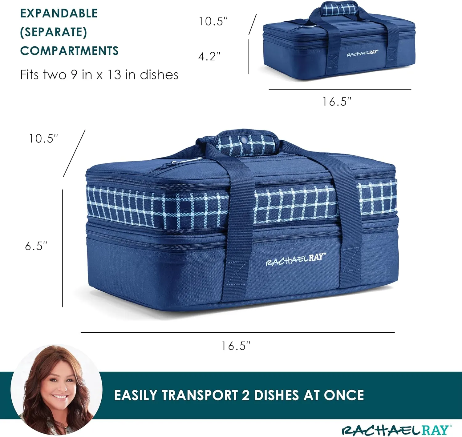 Rachael Ray Expandable Insulated Casserole Carrier for Hot or Cold Food, Thermal Lasagna Lugger Tote for Potluck, Parties, Picnic, and Cookouts, Fits 9" x 13" Baking Dish