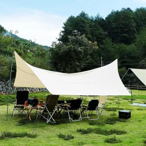 Rain Fly 18x15ft Camping Tarp with Poles, Waterproof and Ultralight Survival Tent Tarp for Outdoors Camping Hiking Picnic (Color : Beach Gold, Size : 177x173x102inch)