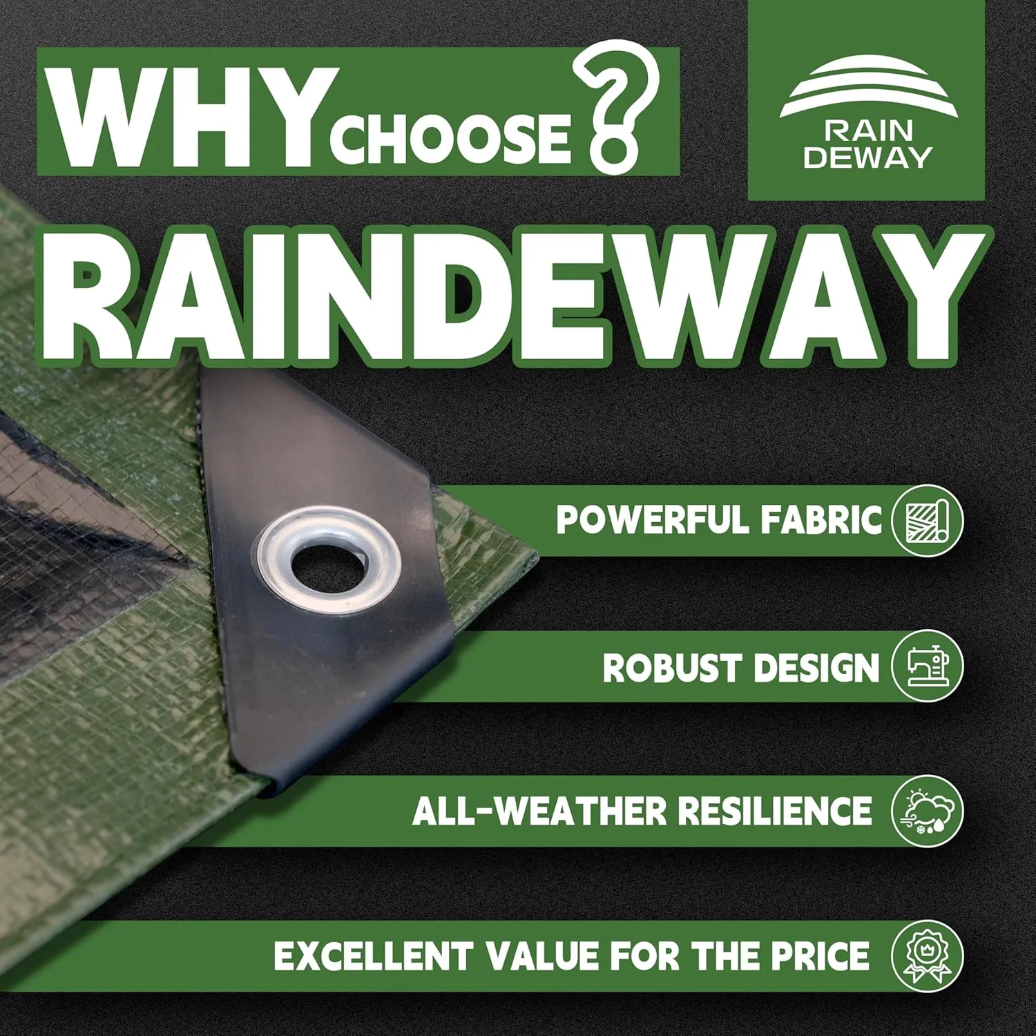 RAINDEWAY 10x20 Tarp Heavy Duty Waterproof,9Mil Thick,Large Tarps Multipurpose Poly Tarp Cover for Camping,Rain,Durable with Metal Grommets and Reinforced Edges,Finished Size Green/Black