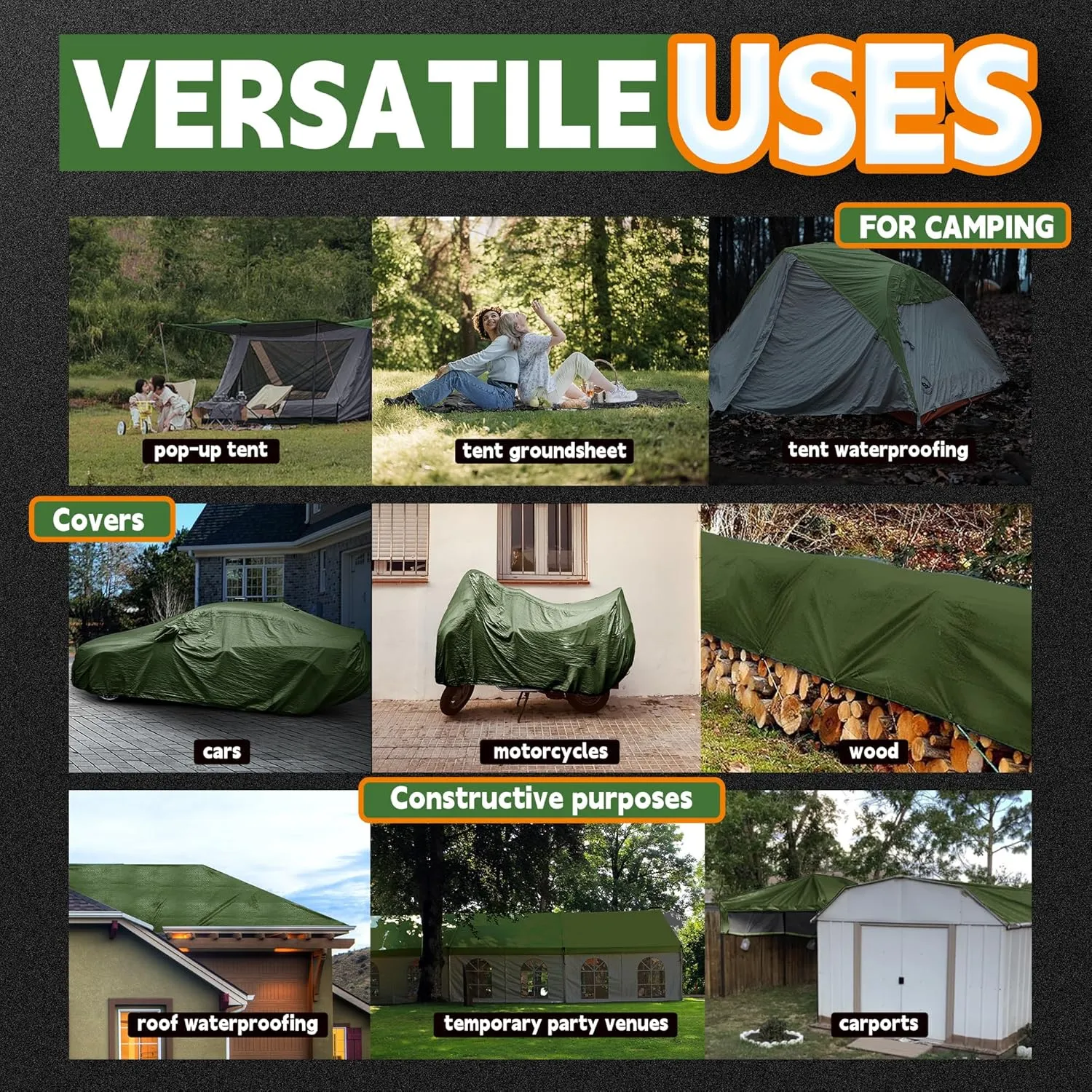 RAINDEWAY 10x20 Tarp Heavy Duty Waterproof,9Mil Thick,Large Tarps Multipurpose Poly Tarp Cover for Camping,Rain,Durable with Metal Grommets and Reinforced Edges,Finished Size Green/Black