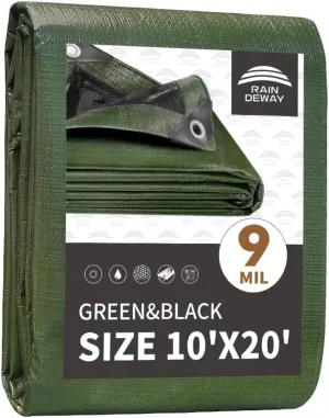 RAINDEWAY 10x20 Tarp Heavy Duty Waterproof,9Mil Thick,Large Tarps Multipurpose Poly Tarp Cover for Camping,Rain,Durable with Metal Grommets and Reinforced Edges,Finished Size Green/Black