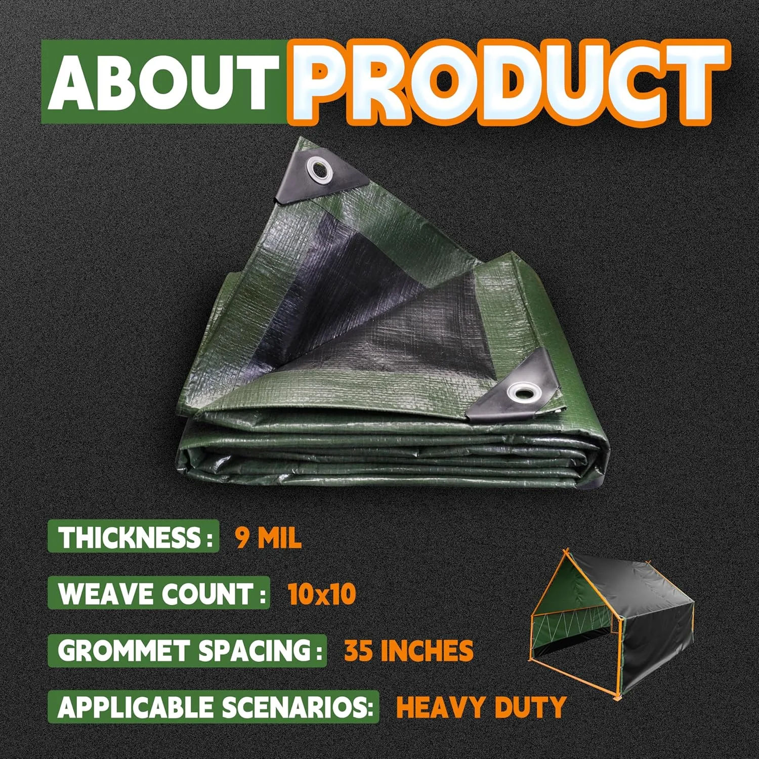 RAINDEWAY 10x20 Tarp Heavy Duty Waterproof,9Mil Thick,Large Tarps Multipurpose Poly Tarp Cover for Camping,Rain,Durable with Metal Grommets and Reinforced Edges,Finished Size Green/Black