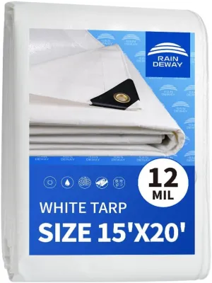 RAINDEWAY 12 Mil Heavy Duty White Tarp 15x20 Feet, UV Resistant, Waterproof, Weatherproof Poly Tarp with Metal Grommets and Reinforced Edges