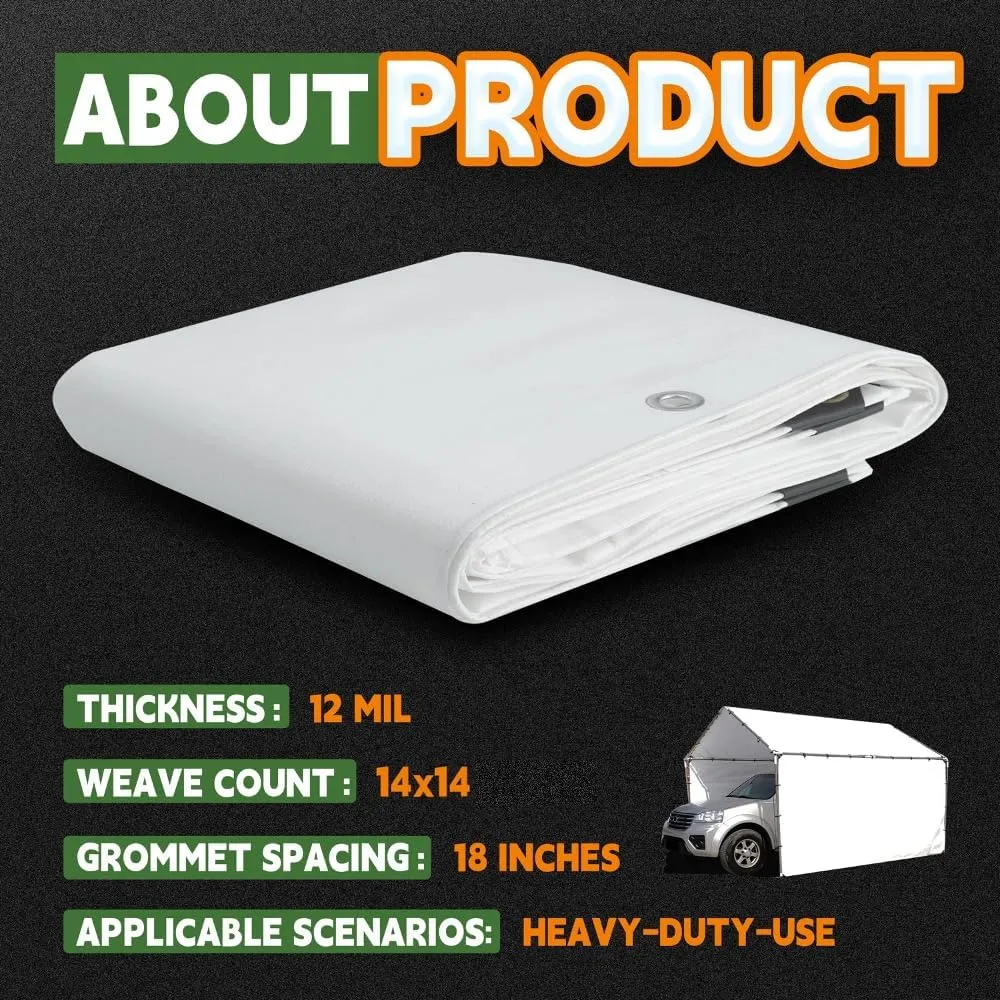 RAINDEWAY 12 Mil Heavy Duty White Tarp 15x20 Feet, UV Resistant, Waterproof, Weatherproof Poly Tarp with Metal Grommets and Reinforced Edges