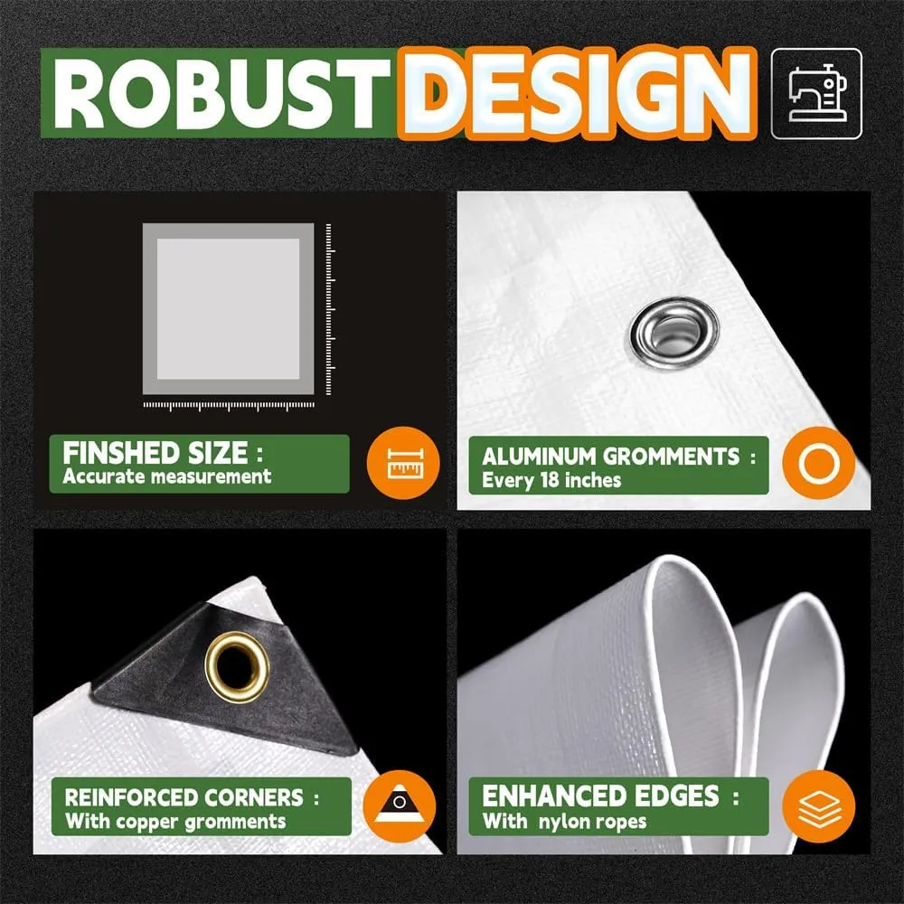 RAINDEWAY 12 Mil Heavy Duty White Tarp 15x20 Feet, UV Resistant, Waterproof, Weatherproof Poly Tarp with Metal Grommets and Reinforced Edges