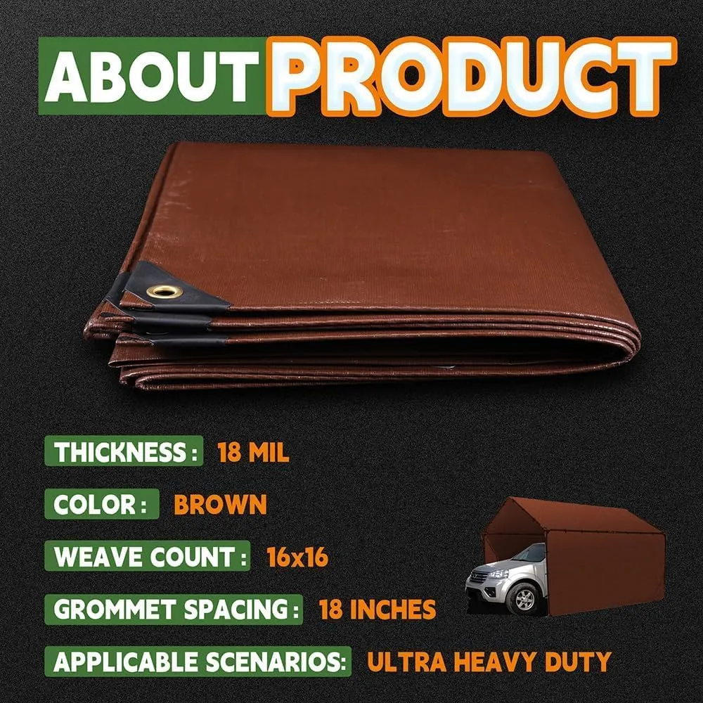 RAINDEWAY 12x20 Feet Super Heavy Duty 18 Mil Brown Poly Tarp Cover, UV Resistant, Weatherproof, Multipurpose Waterproof Poly Tarp with Grommets and Reinforced Edges