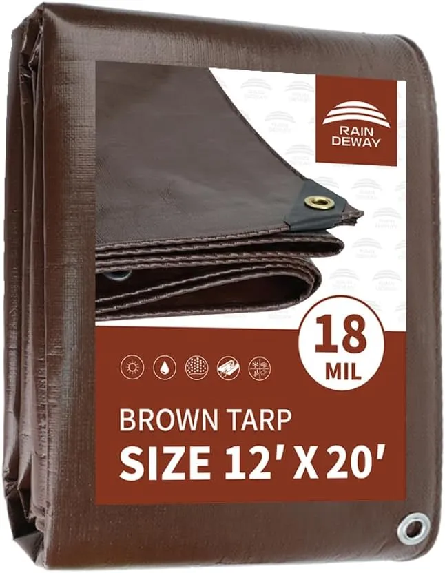 RAINDEWAY 12x20 Feet Super Heavy Duty 18 Mil Brown Poly Tarp Cover, UV Resistant, Weatherproof, Multipurpose Waterproof Poly Tarp with Grommets and Reinforced Edges