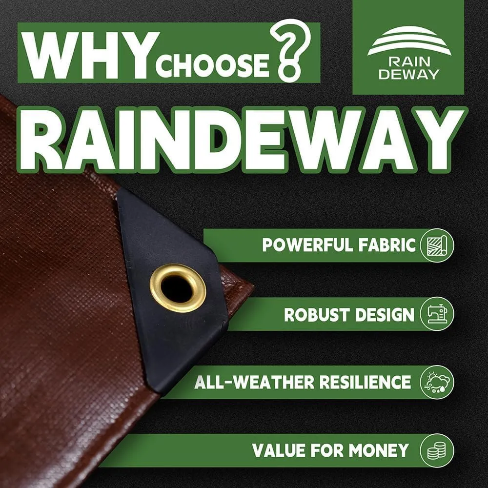 RAINDEWAY 12x20 Feet Super Heavy Duty 18 Mil Brown Poly Tarp Cover, UV Resistant, Weatherproof, Multipurpose Waterproof Poly Tarp with Grommets and Reinforced Edges