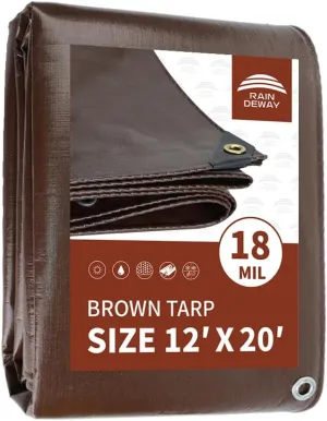 RAINDEWAY 12x20 Feet Super Heavy Duty 18 Mil Brown Poly Tarp Cover, UV Resistant, Weatherproof, Multipurpose Waterproof Poly Tarp with Grommets and Reinforced Edges