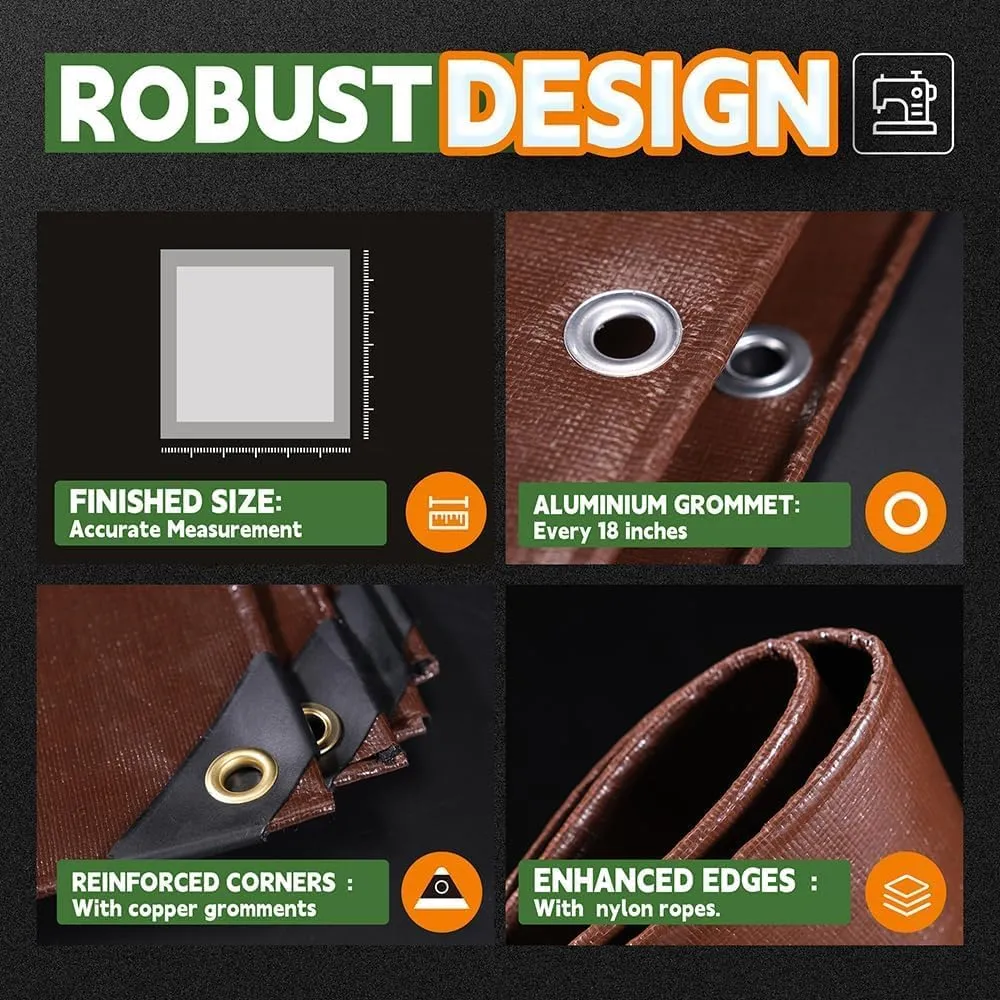 RAINDEWAY 12x20 Feet Super Heavy Duty 18 Mil Brown Poly Tarp Cover, UV Resistant, Weatherproof, Multipurpose Waterproof Poly Tarp with Grommets and Reinforced Edges