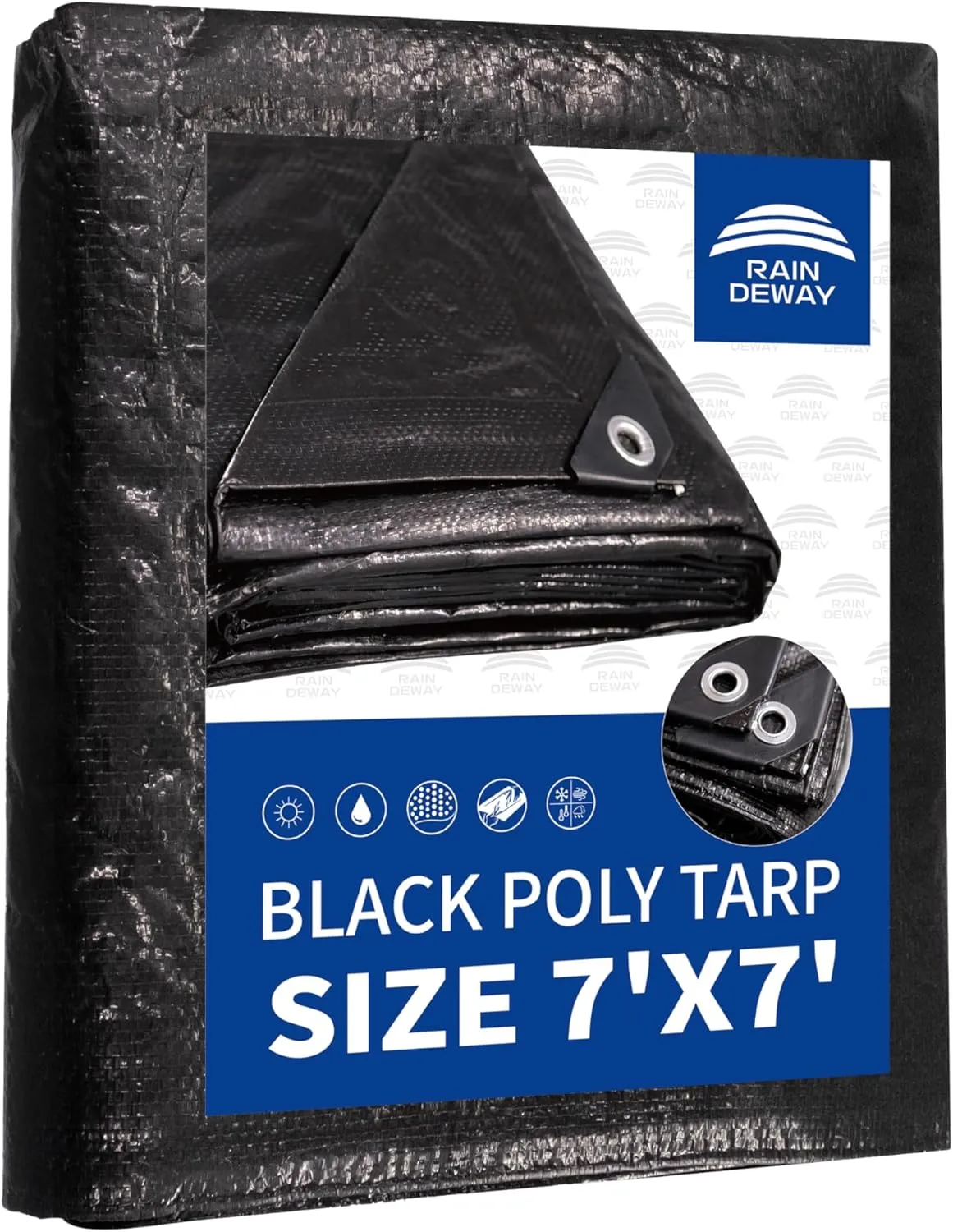 RAINDEWAY Black Tarps 7x7 Feet,UV Resistant, Multipurpose Medium Duty Waterproof Poly Tarp, Square Tent Tarp,Cover with Metal Grommets and Reinforced Edges, Finished Size