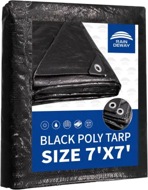 RAINDEWAY Black Tarps 7x7 Feet,UV Resistant, Multipurpose Medium Duty Waterproof Poly Tarp, Square Tent Tarp,Cover with Metal Grommets and Reinforced Edges, Finished Size