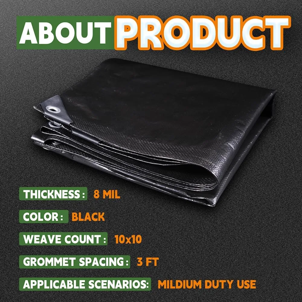 RAINDEWAY Black Tarps 7x7 Feet,UV Resistant, Multipurpose Medium Duty Waterproof Poly Tarp, Square Tent Tarp,Cover with Metal Grommets and Reinforced Edges, Finished Size