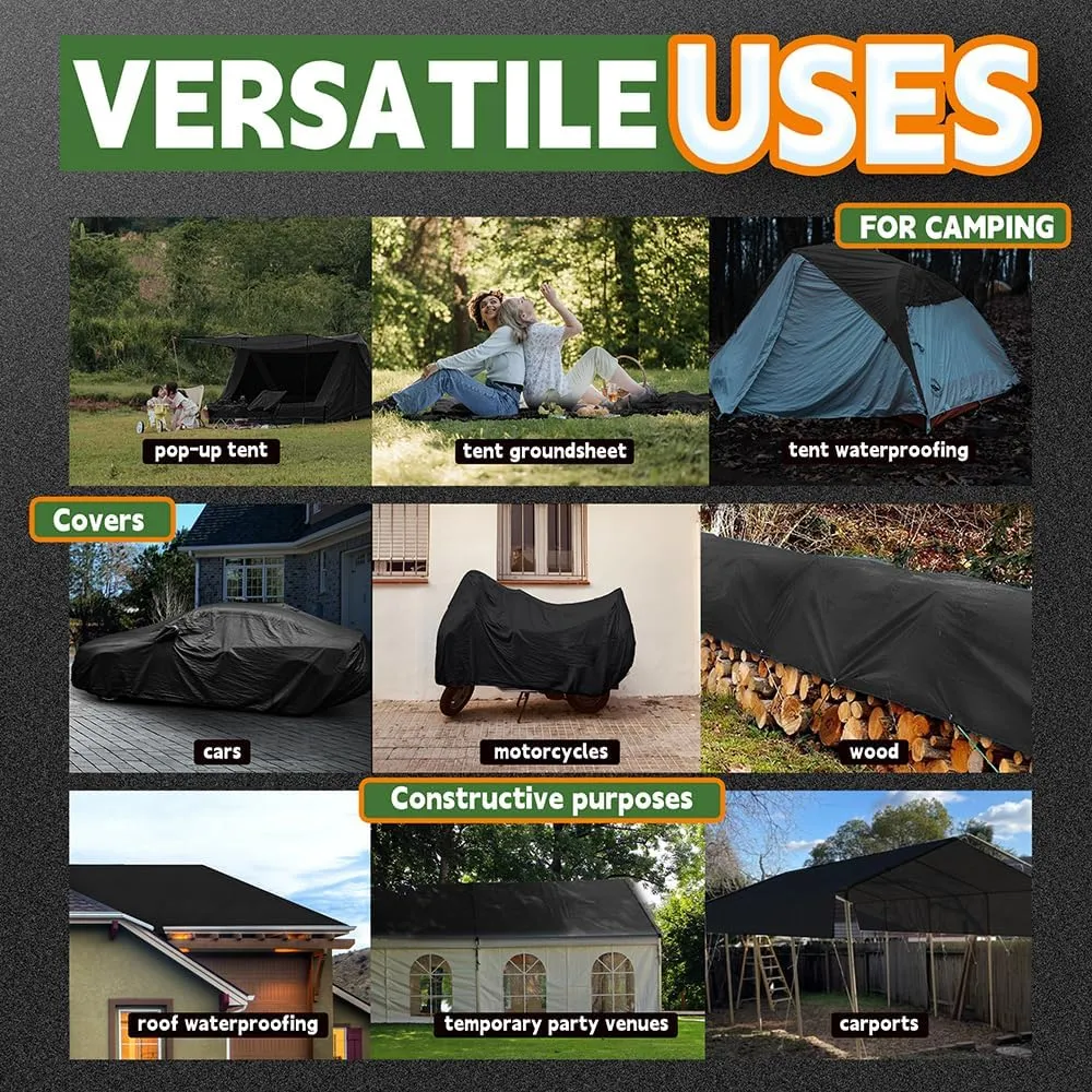 RAINDEWAY Black Tarps 7x7 Feet,UV Resistant, Multipurpose Medium Duty Waterproof Poly Tarp, Square Tent Tarp,Cover with Metal Grommets and Reinforced Edges, Finished Size