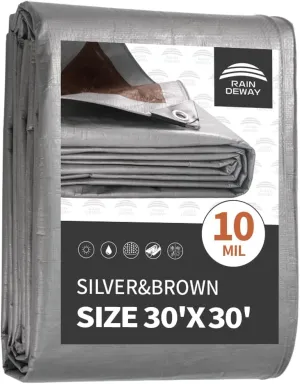 RAINDEWAY Tarps Heavy Duty Waterproof 30x30 Feet, 10 Mil Thick Multipurpose UV Resistance Large Tarp Cover with Metal Grommets and Reinforced Edges, Silver/Brown Tarp