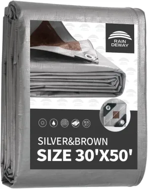 RAINDEWAY Tarps Heavy Duty Waterproof 30x50 Feet, 10 Mil Thick Multipurpose UV Resistance Large Tarp Cover with Metal Grommets and Reinforced Edges, Silver/Brown Tarp