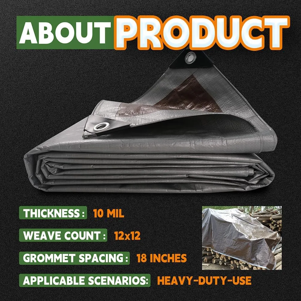 RAINDEWAY Tarps Heavy Duty Waterproof 30x50 Feet, 10 Mil Thick Multipurpose UV Resistance Large Tarp Cover with Metal Grommets and Reinforced Edges, Silver/Brown Tarp