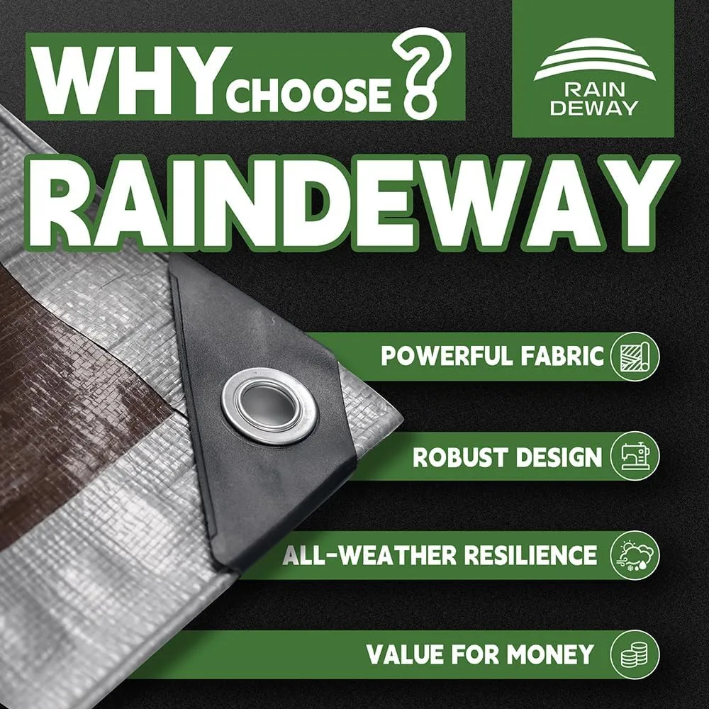 RAINDEWAY Tarps Heavy Duty Waterproof 30x50 Feet, 10 Mil Thick Multipurpose UV Resistance Large Tarp Cover with Metal Grommets and Reinforced Edges, Silver/Brown Tarp