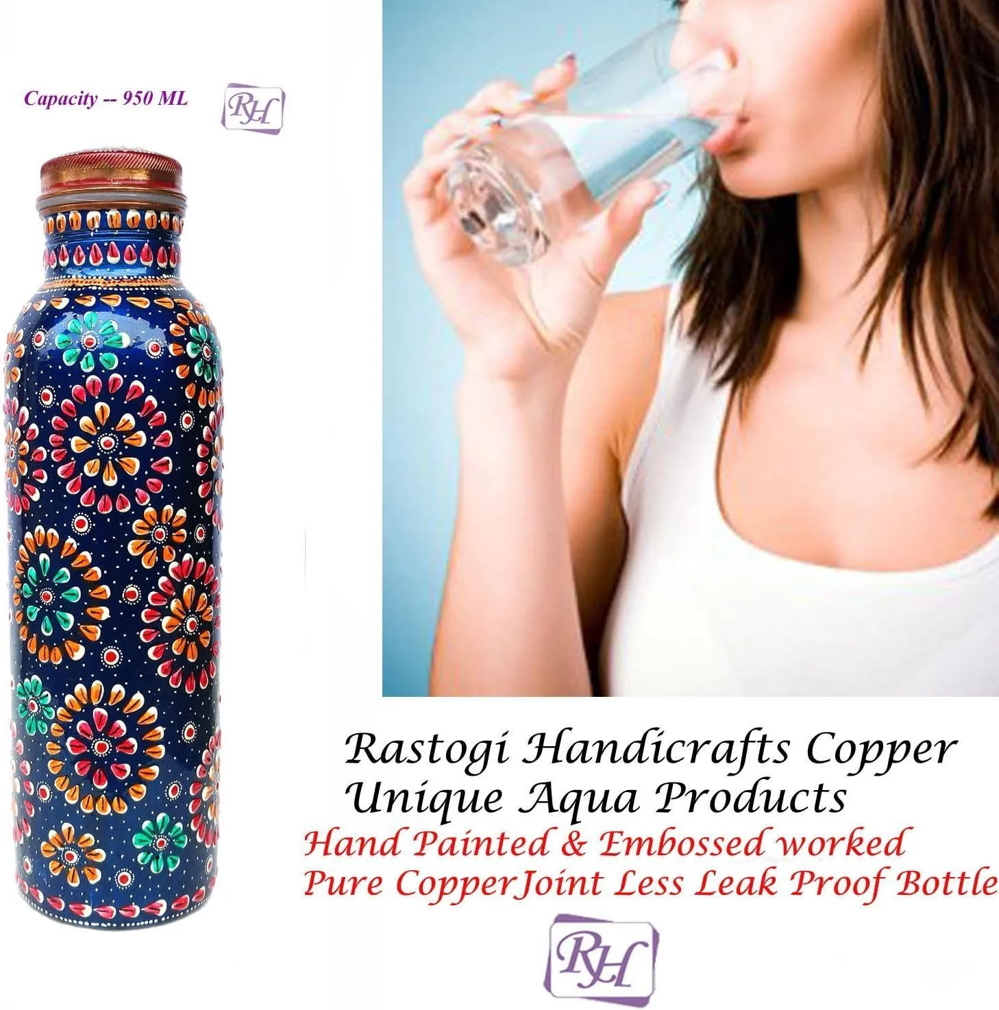 Rastogi Handicrafts Copper Joint less leak-proof Water storage Bottle Set of 4 With One Insulated Bag