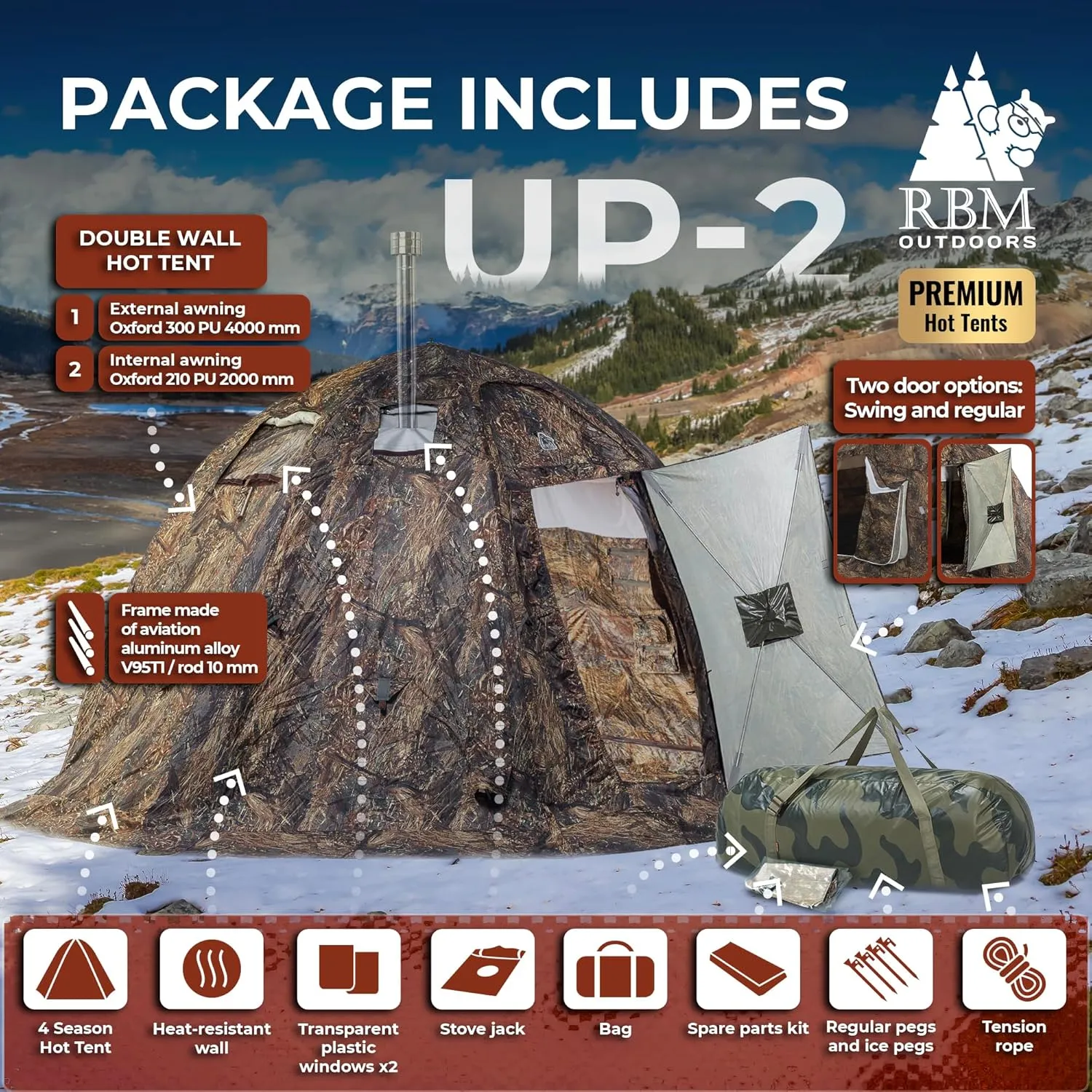 Rbm Outdoors Hot Tent with Stove Jack, Easy Setup 4 Season Winter Tents for Camping, Cold Weather Wall Double Layer Waterproof & Windproof Shelter