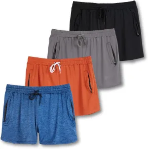 Real Essentials 4 Pack: Womens Athletic Dry-Fit Lounge Shorts with Zipper Pockets (Available in Plus Size)