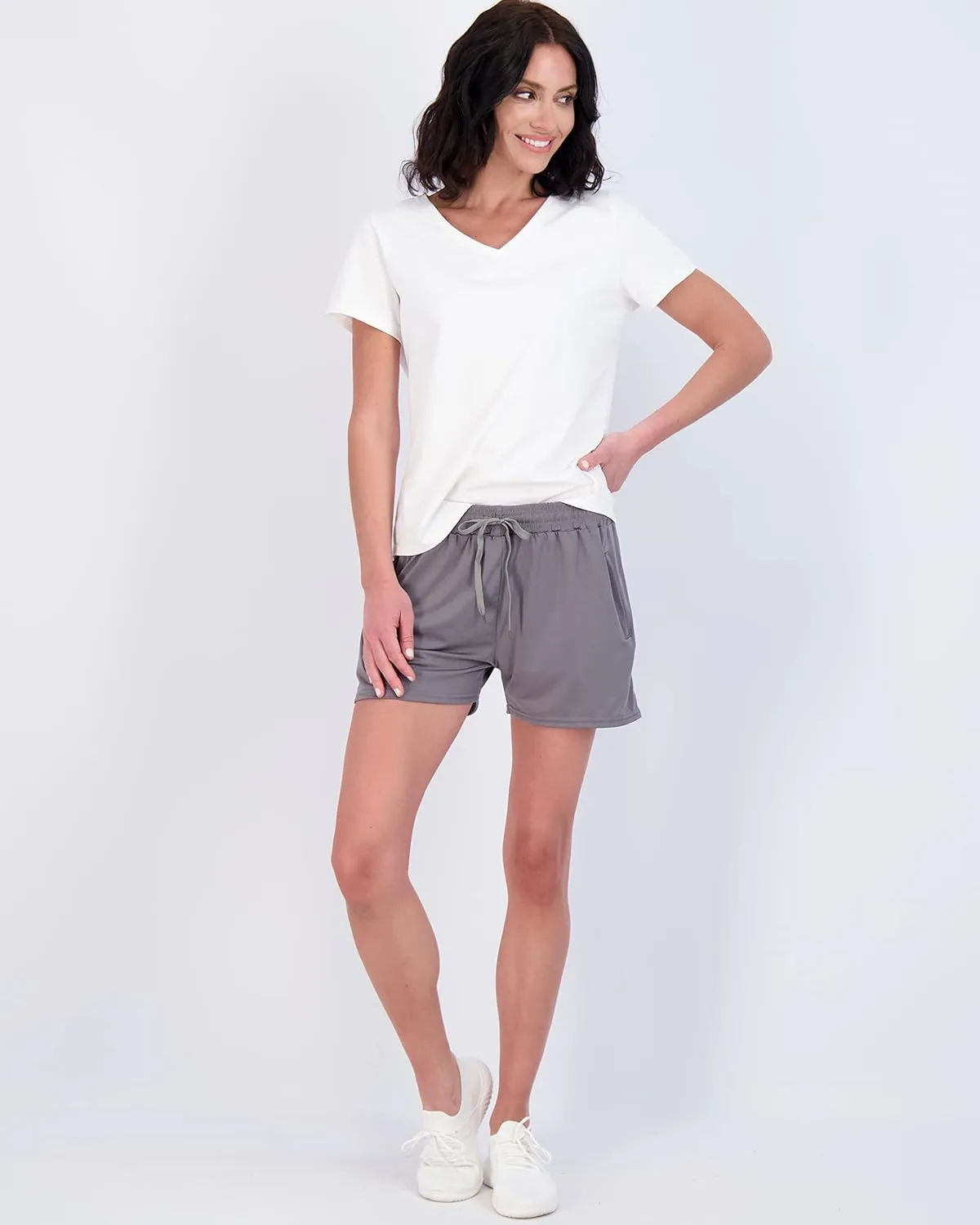 Real Essentials 4 Pack: Womens Athletic Dry-Fit Lounge Shorts with Zipper Pockets (Available in Plus Size)