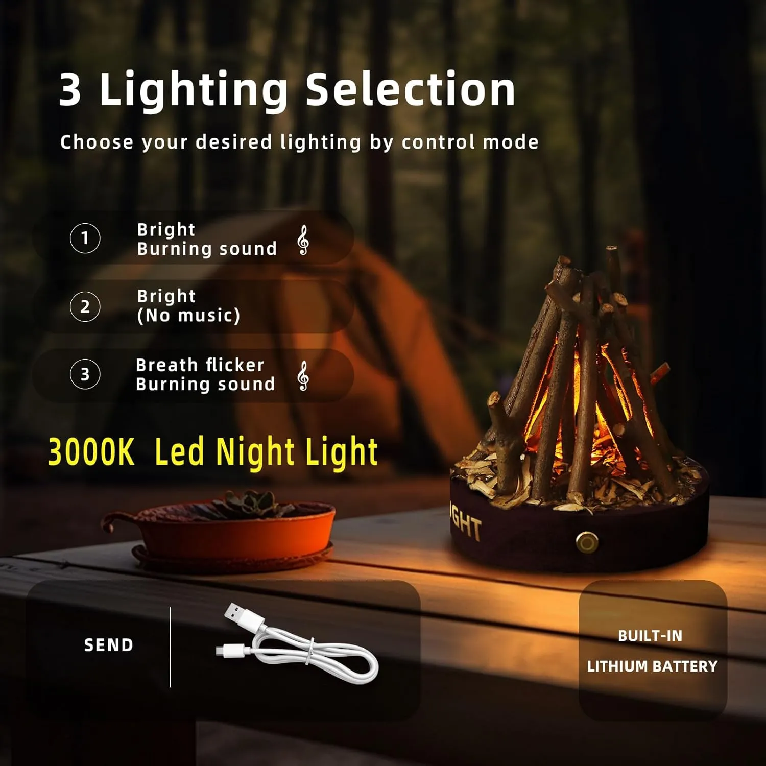 Rechargeable Campfire Night Light – Camping Lantern with Flame Sound, Log Design, 3 Lighting Modes for Ambient Lighting & Outdoor Adventure (Walnut Color)