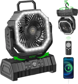 Rechargeable Camping Fan with LED Lantern, 20000mAh Auto-Oscillating Battery Operated Desk Fan with Remote&Hook, 8” Portable Fan for Picnic Fishing RV Jobsite Workshop Power Outages Hurricane(Black)