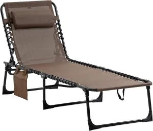 Reclining Camping Chair Portable Sun Lounger Folding Camping Cot Outdoor Lounge Chairs Patio Sun Tanning Chair with Adjustable Backrest and Removable Pillow for Patio Garden Beach Pool Brown