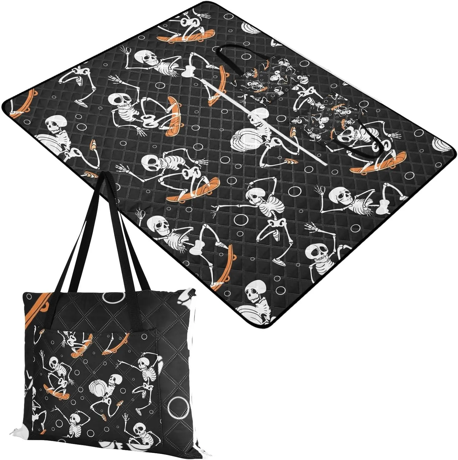 Rectangle Picnic Mat, Outdoor Tote Waterproof Backing Handy Portable Blanket for Family Friends Camping Beach Yoga Hiking Print Human Skeletons Skateboarding Dance Dots Seamless