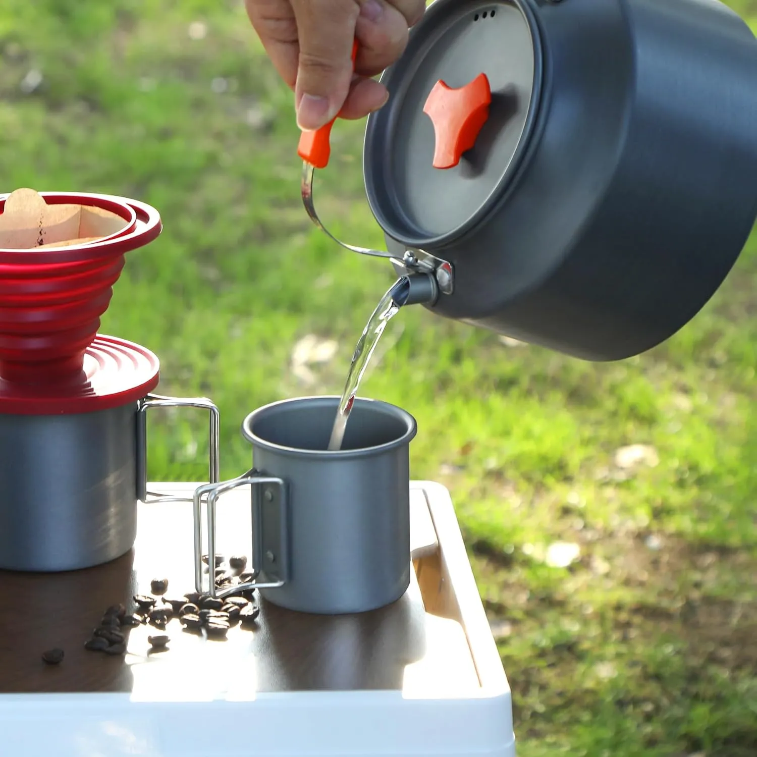 REDCAMP 2L Camping Coffee Pot Coffee Makers, Aluminum Portable Kettle Teapot with 2Pcs Camping Mug and Collapsible Coffee Dripper, Compact Tea Kettle for Stove Top, Outdoor, Hiking and Traveling