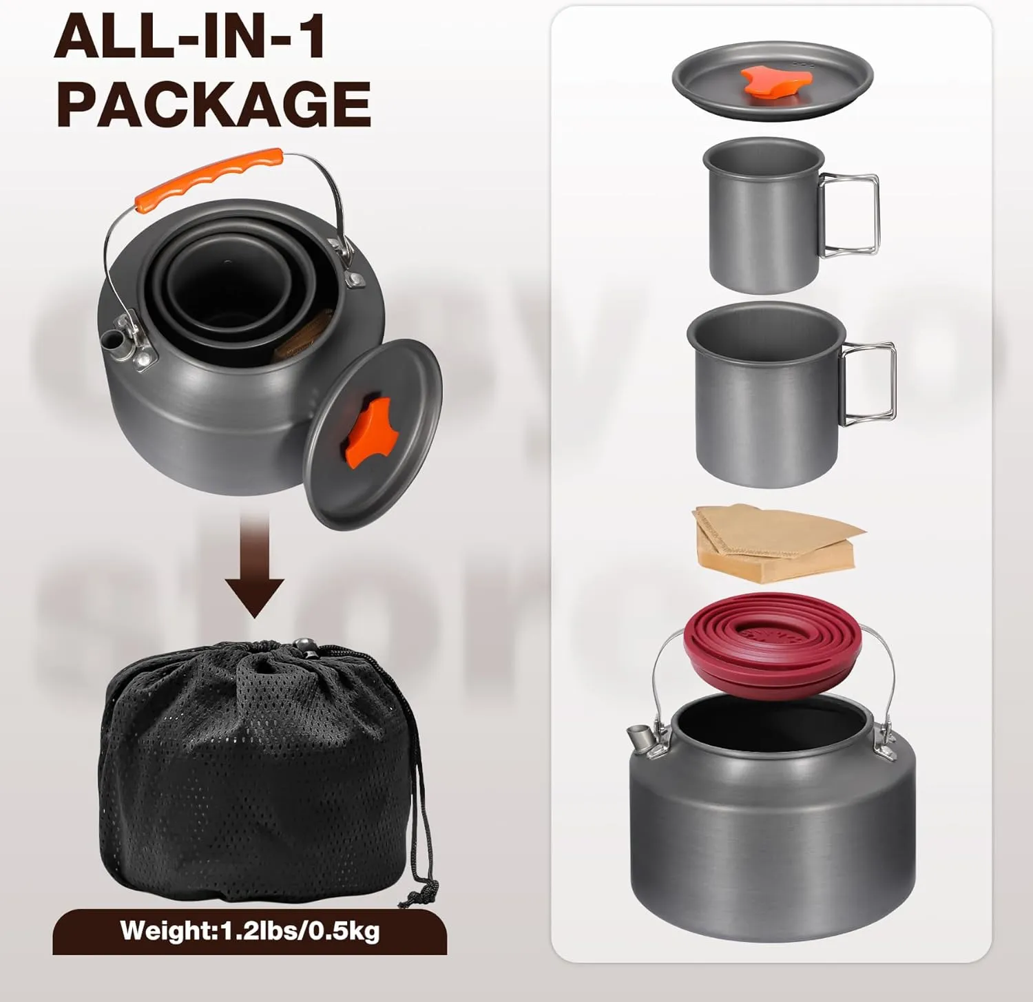 REDCAMP 2L Camping Coffee Pot Coffee Makers, Aluminum Portable Kettle Teapot with 2Pcs Camping Mug and Collapsible Coffee Dripper, Compact Tea Kettle for Stove Top, Outdoor, Hiking and Traveling