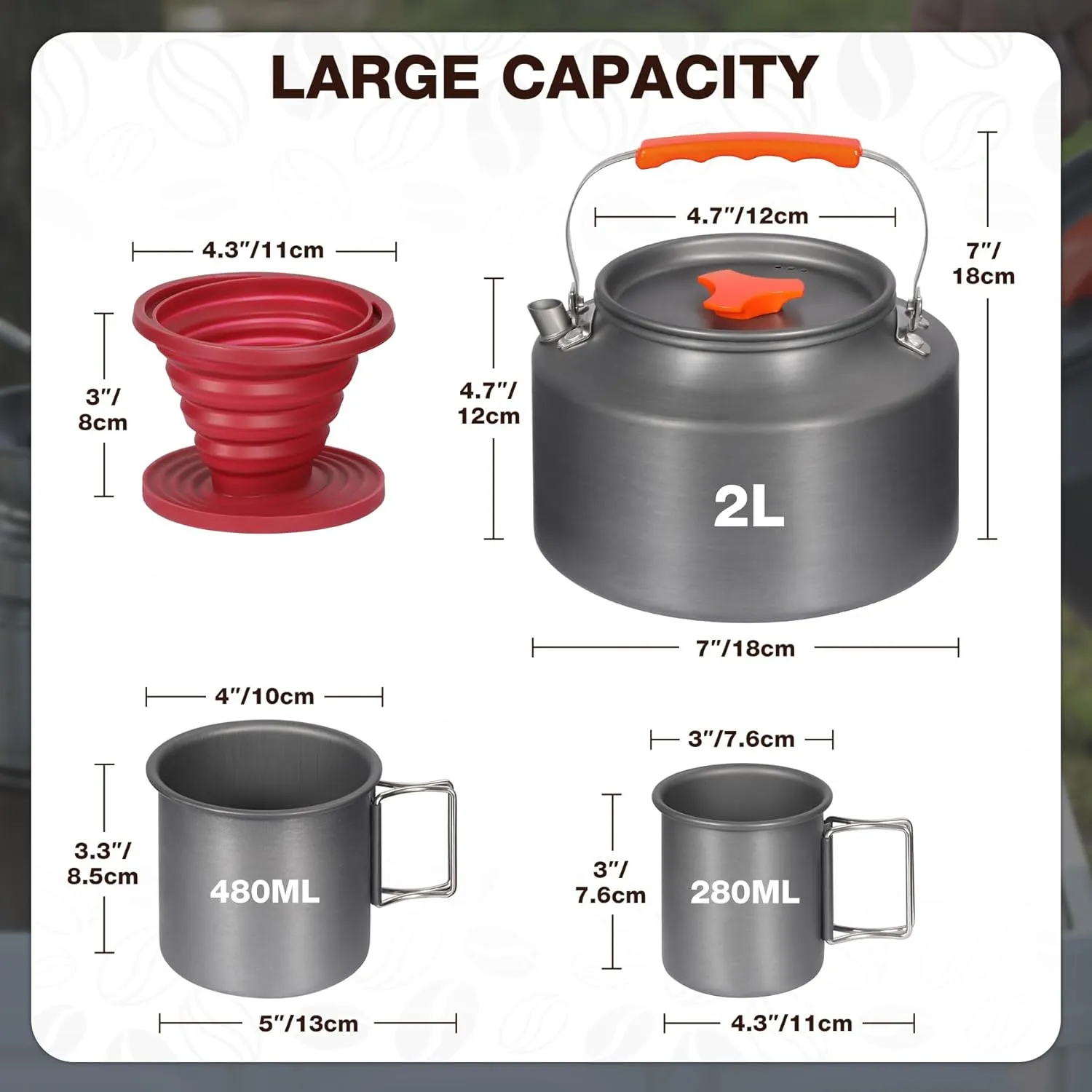 REDCAMP 2L Camping Coffee Pot Coffee Makers, Aluminum Portable Kettle Teapot with 2Pcs Camping Mug and Collapsible Coffee Dripper, Compact Tea Kettle for Stove Top, Outdoor, Hiking and Traveling