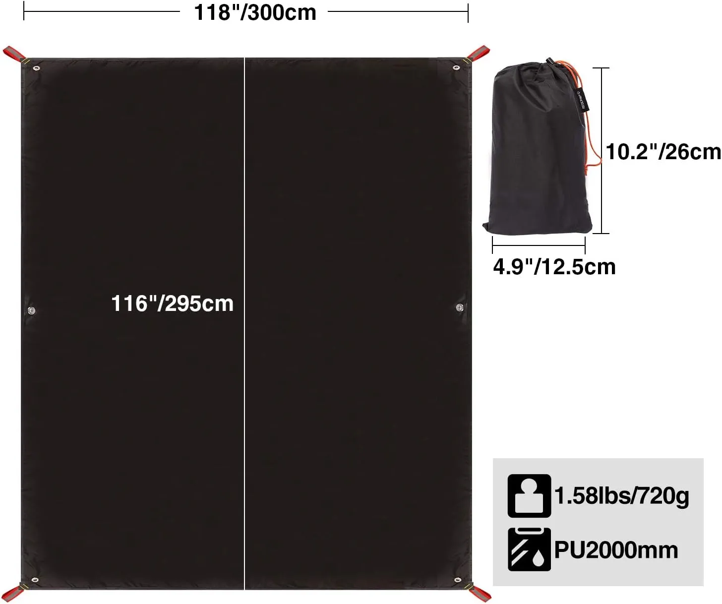 REDCAMP Ultralight Tent Footprint, PU 2000 Waterproof Camping Tent Tarp with Drawstring Carrying Bag for Ground Camping Hiking (118"x116" UL Black)