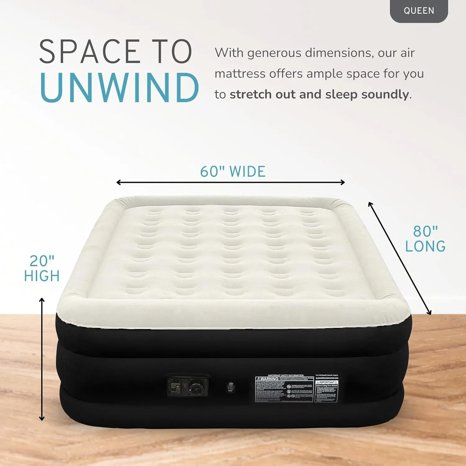 RestElevated Luxury Pillow Top Queen Size Air Mattress with Built in Pump | 20" Raised Height with Coil Beam Support | Adjustable Blow Up Air Bed | for Home, Guests and Camping [Black with Cream Top]