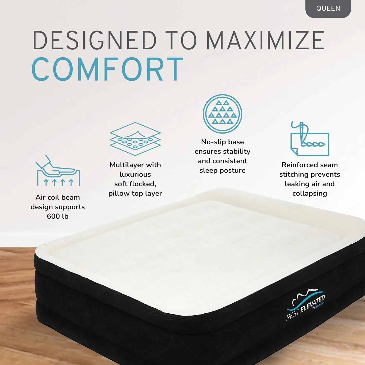 RestElevated Luxury Pillow Top Queen Size Air Mattress with Built in Pump | 20" Raised Height with Coil Beam Support | Adjustable Blow Up Air Bed | for Home, Guests and Camping [Black with Cream Top]