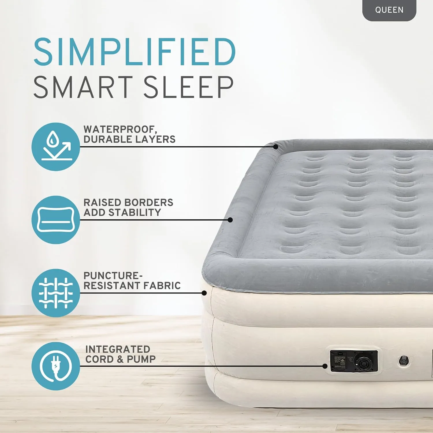 RestElevated Luxury Pillow Top Queen Size Air Mattress with Built in Pump | 20" Raised Height with Coil Beam Support | Adjustable Blow Up Air Bed | for Home, Guests and Camping [White with Grey Top]