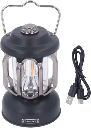 Retro LED Camping Lantern, Type C Rechargeable Vintage Camping Lamp Portable Camping Lights & Lanterns 3 Modes Dimmable with Hook LED Tent Lamp for Garden (Black)