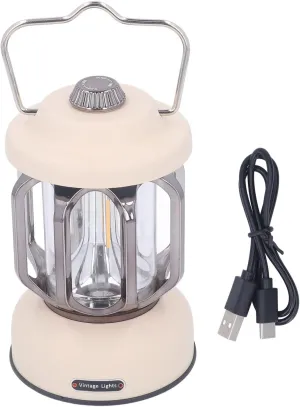 Retro LED Camping Lantern, Type C Rechargeable Vintage Camping Lamp Portable Camping Lights & Lanterns 3 Modes Dimmable with Hook LED Tent Lamp for Garden (White)