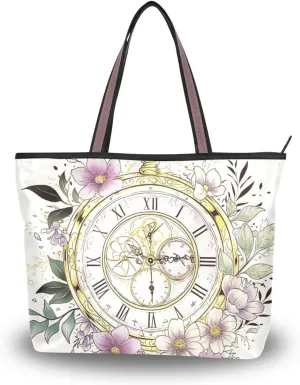 Retro Pocket Watch Wreath Flower silk fabric zippered shoulder bag tote convenient large handbags for women