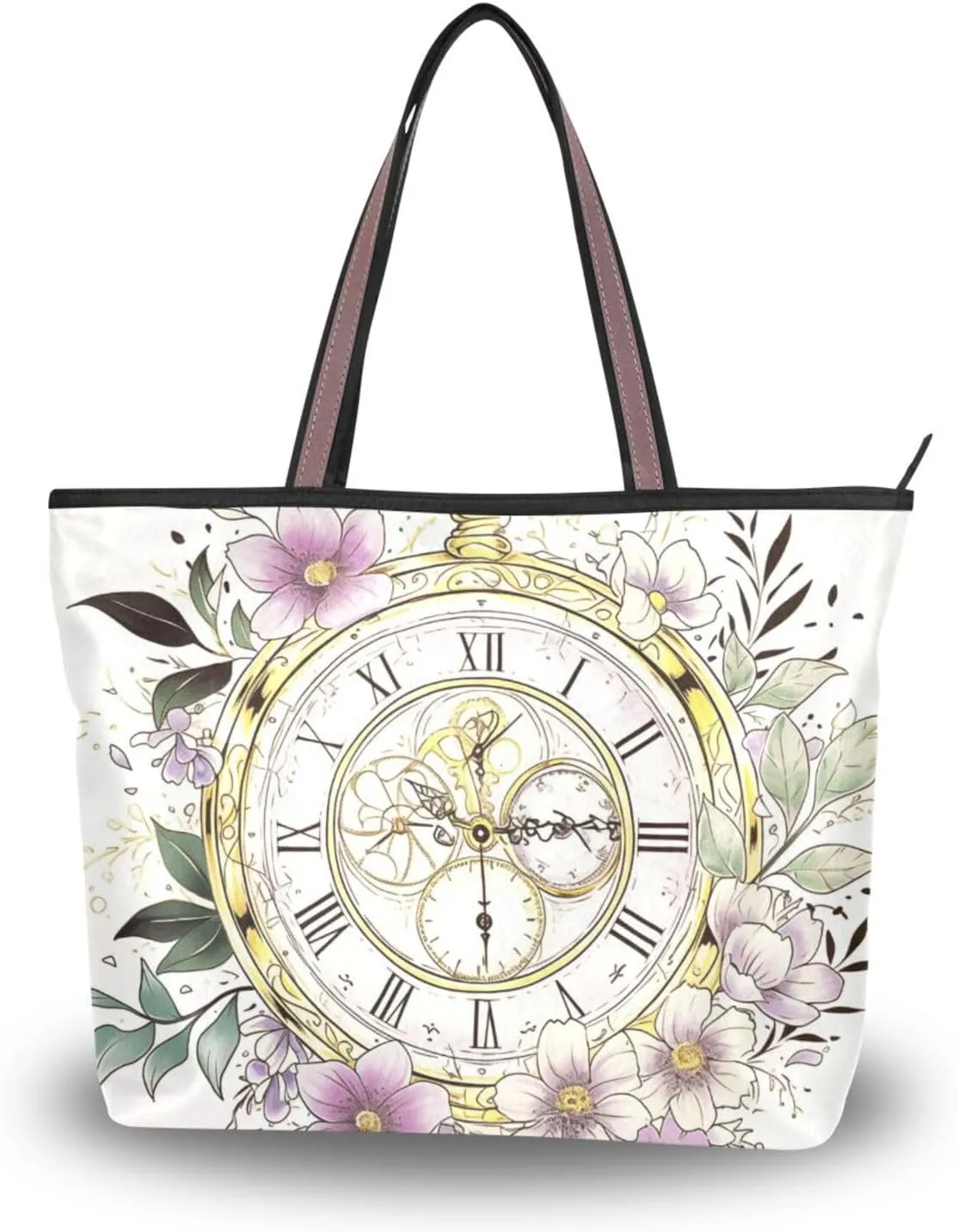 Retro Pocket Watch Wreath Flower silk fabric zippered shoulder bag tote convenient large handbags for women