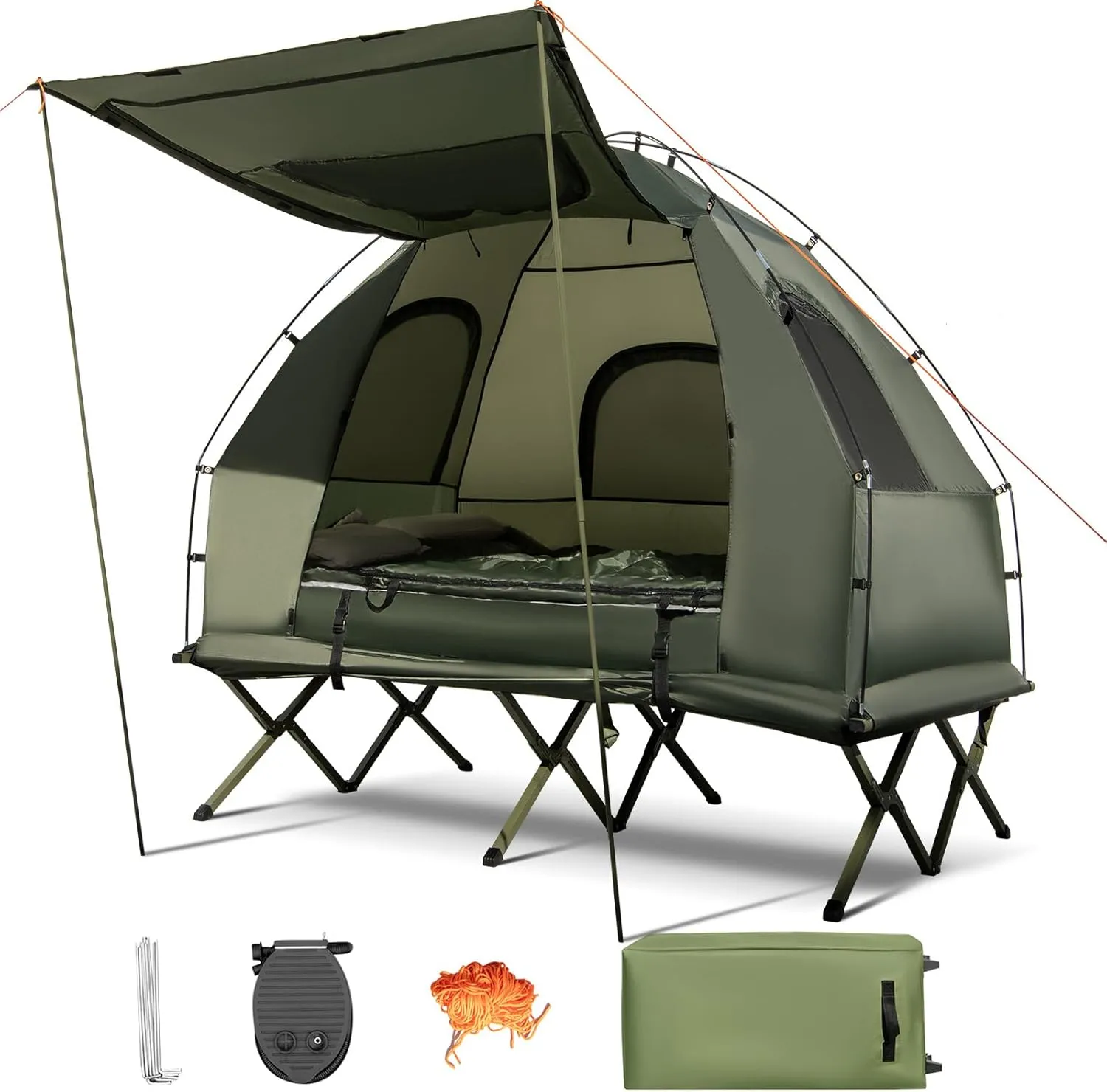 ReunionG 2 Person Tent Cot, 5 in 1 Foldable Elevated Tents with Air Mattress, Sleeping Bag, Pillow, Carrying Bag, Off Ground Camping Cot Tent for Hiking, Picnic, Travel, Fishing, Outdoor Activities
