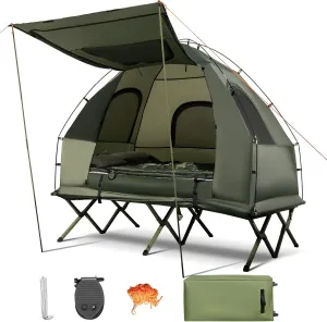 ReunionG 2 Person Tent Cot, 5 in 1 Foldable Elevated Tents with Air Mattress, Sleeping Bag, Pillow, Carrying Bag, Off Ground Camping Cot Tent for Hiking, Picnic, Travel, Fishing, Outdoor Activities
