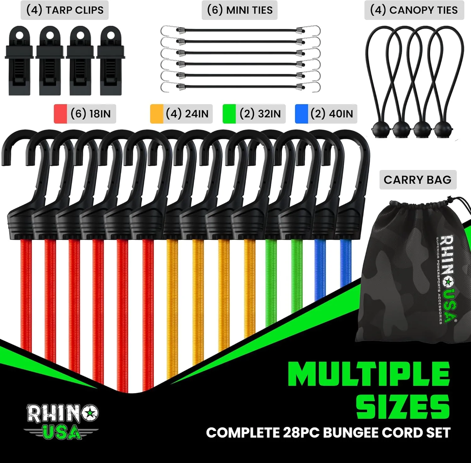 Rhino USA Bungee Cords with Hooks (28-Piece) Heavy Duty Outdoor Bungee Straps with Small, Short and Long Sizes - 4 Free Tarp Clips, Drawstring Bag, Canopy Ties & Ball Bungie - UV & Weather Resistant