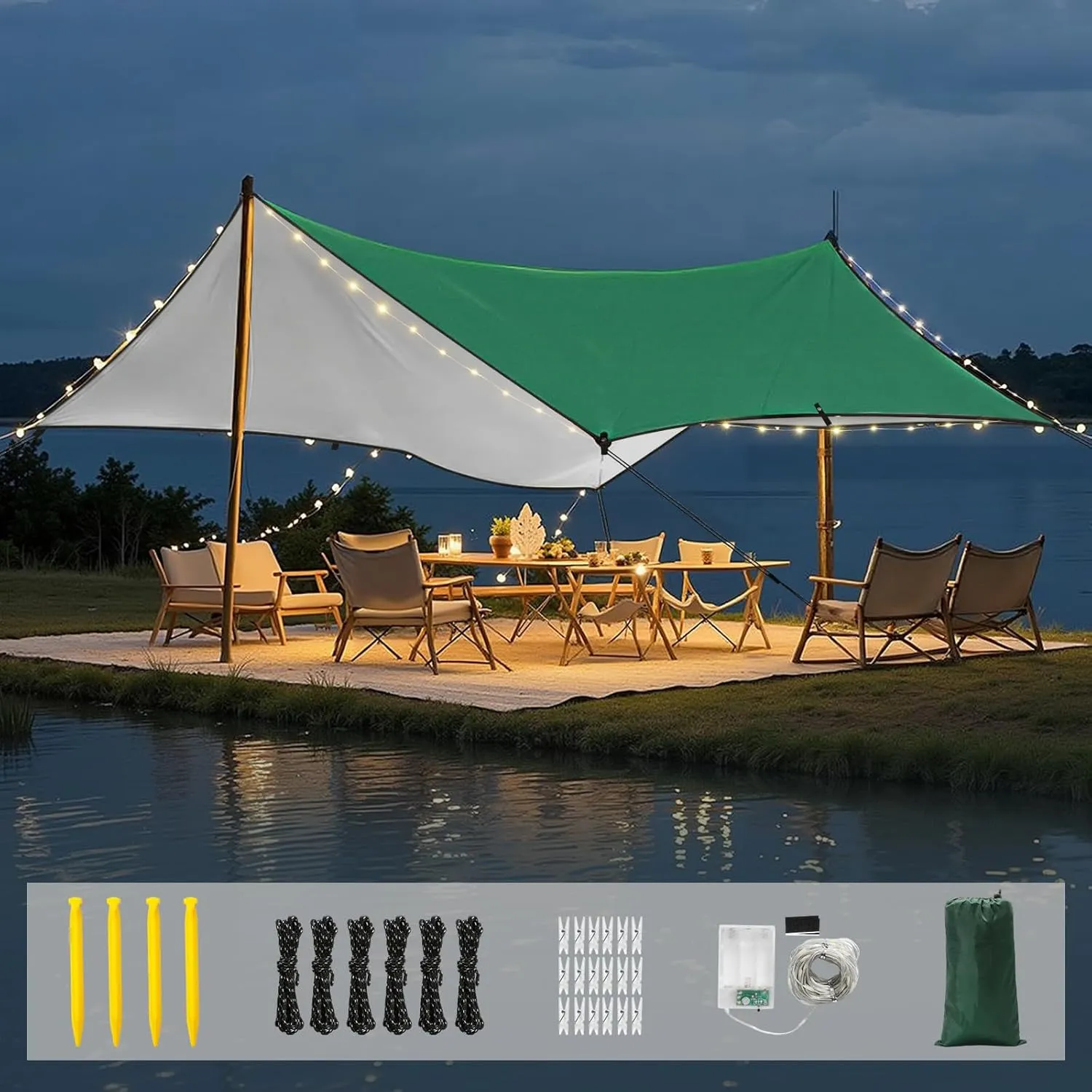 Rhino Valley Waterproof Tent Tarp, 9.8 × 9.8 Ft Large Outdoor Shelter Cover with Light Strings, Lightweight Portable Tarp Shelter Rain Tarp Camping Canopy for Hiking Traveling Backpacking