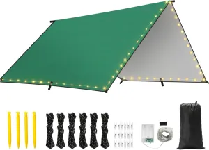 Rhino Valley Waterproof Tent Tarp, 9.8 × 9.8 Ft Large Outdoor Shelter Cover with Light Strings, Lightweight Portable Tarp Shelter Rain Tarp Camping Canopy for Hiking Traveling Backpacking
