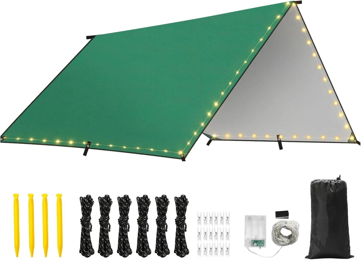 Rhino Valley Waterproof Tent Tarp, 9.8 × 9.8 Ft Large Outdoor Shelter Cover with Light Strings, Lightweight Portable Tarp Shelter Rain Tarp Camping Canopy for Hiking Traveling Backpacking