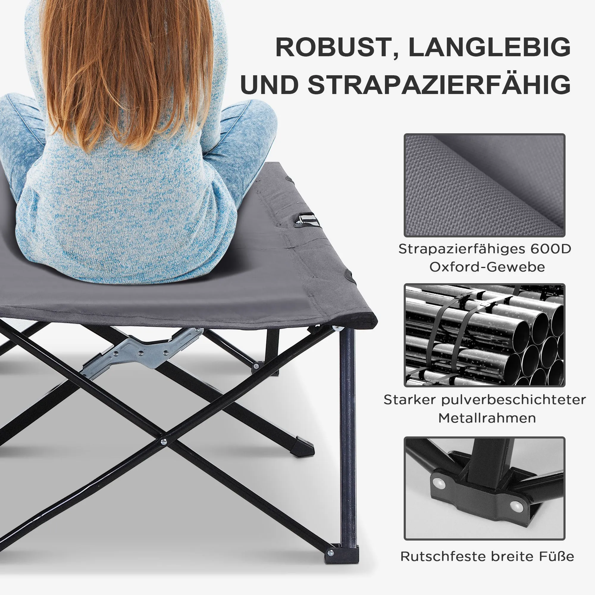Rootz Camping Lounger - Camping Bed - Foldable Two-Person Cot - Durable Steel & Oxford Fabric - 193cm x 125cm x 40cm