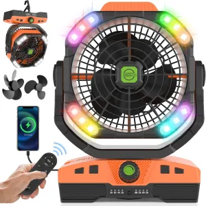 RUNTOP Oscillation Camping Fan with LED Lantern, 20000mAh Rechargeable Battery Operated Outdoor Tent Fan w/Hanging Hook, Remote Control, 4 Speeds, Personal USB Desk Fan for Camping, Jobsite (Orange)