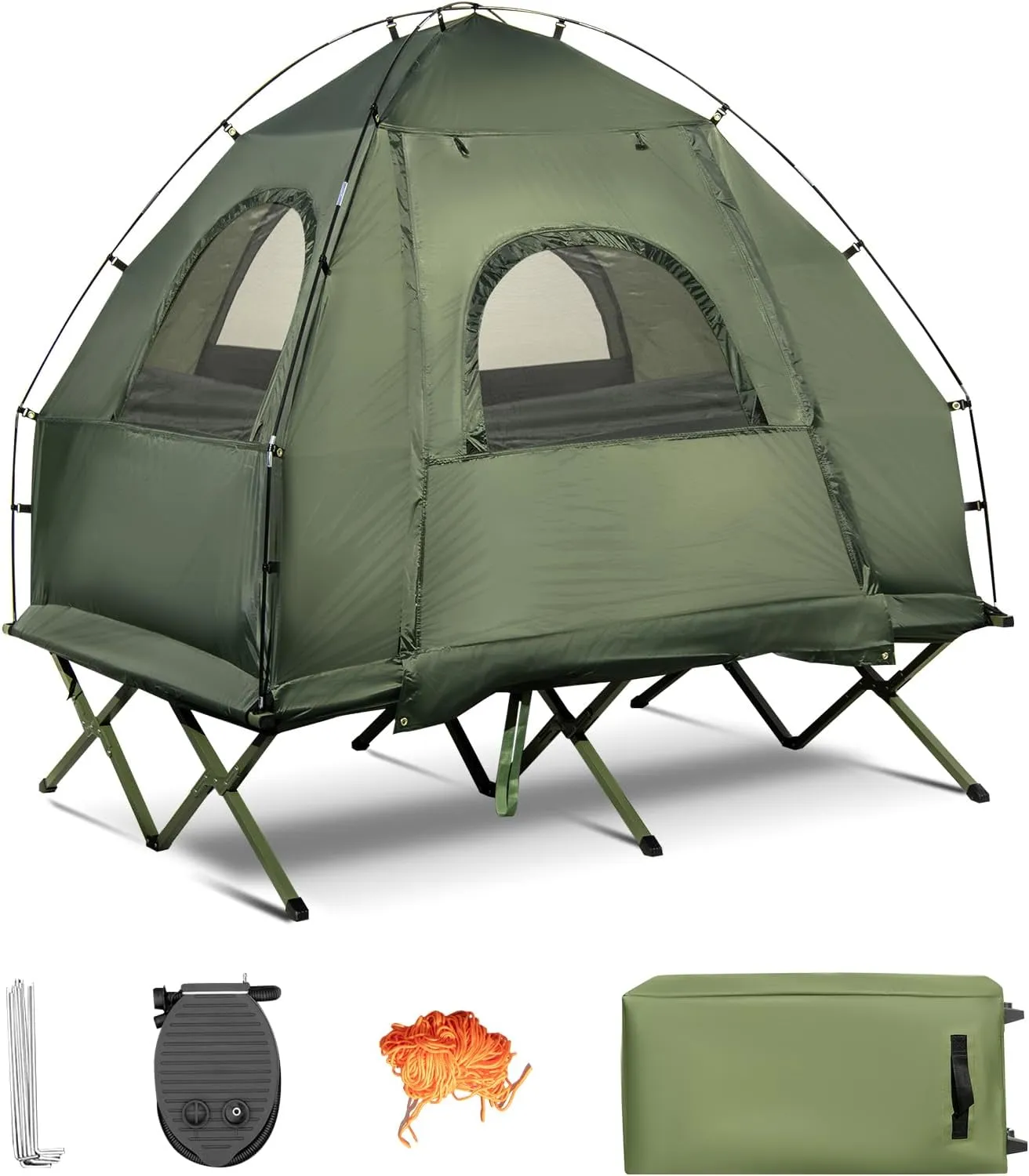 Safstar 5-in-1 Tent Cot, Camping Cot Tent with Air Mattress, Sleeping Bag, Camping Cot, Awning & Air Pillow, Carrying Bag, Off The Ground Tent, Elevated Tent Cot for Camping Hiking Picnic Travel